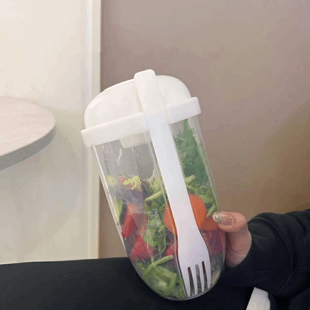 Salad Vegetable Fruit Cup Container with Lid, Fork, and Salad Dressing Holder